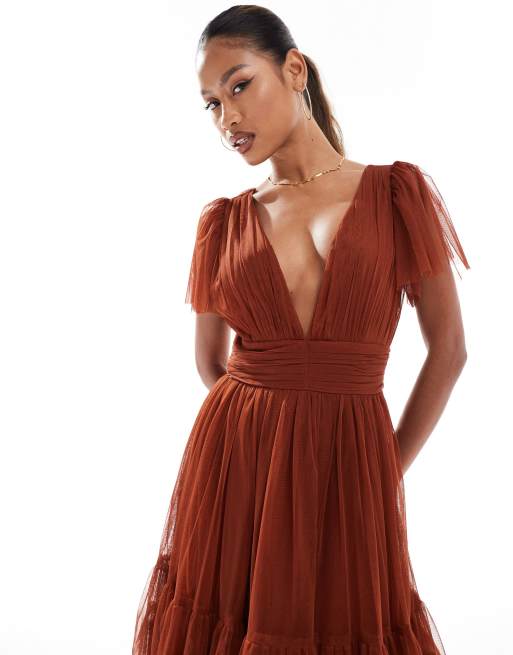 knee length dresses for ladies Fall Bridesmaid Dress 2021 V Neck Burnt Orange Rust Silk Slip Midi Dress with Side Slits Custom Color / 14 main image 1