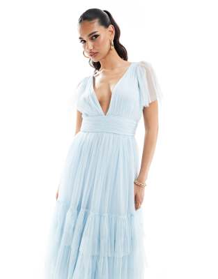 Bridesmaid Madison V-neck tulle midi dress in sky blue