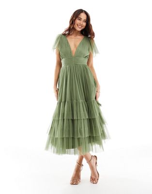 Lace & Beads Bridesmaid Madison v neck tulle midi dress in soft olive-Green