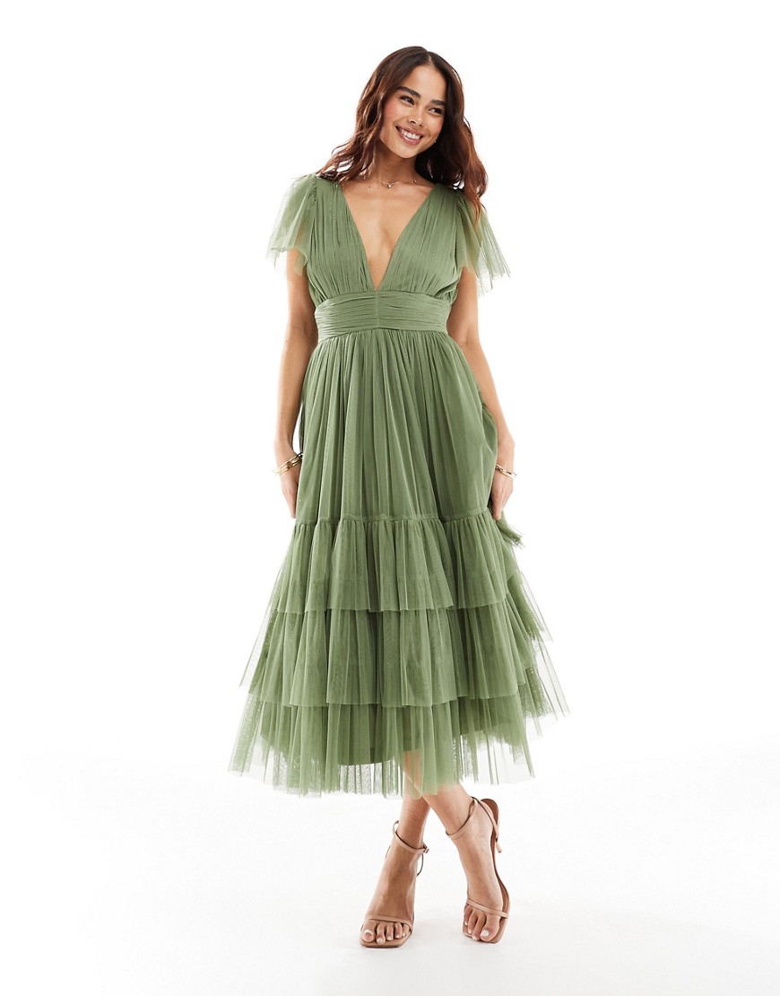 Lace & Beads Bridesmaid Madison v neck tulle midi dress in soft olive-Green