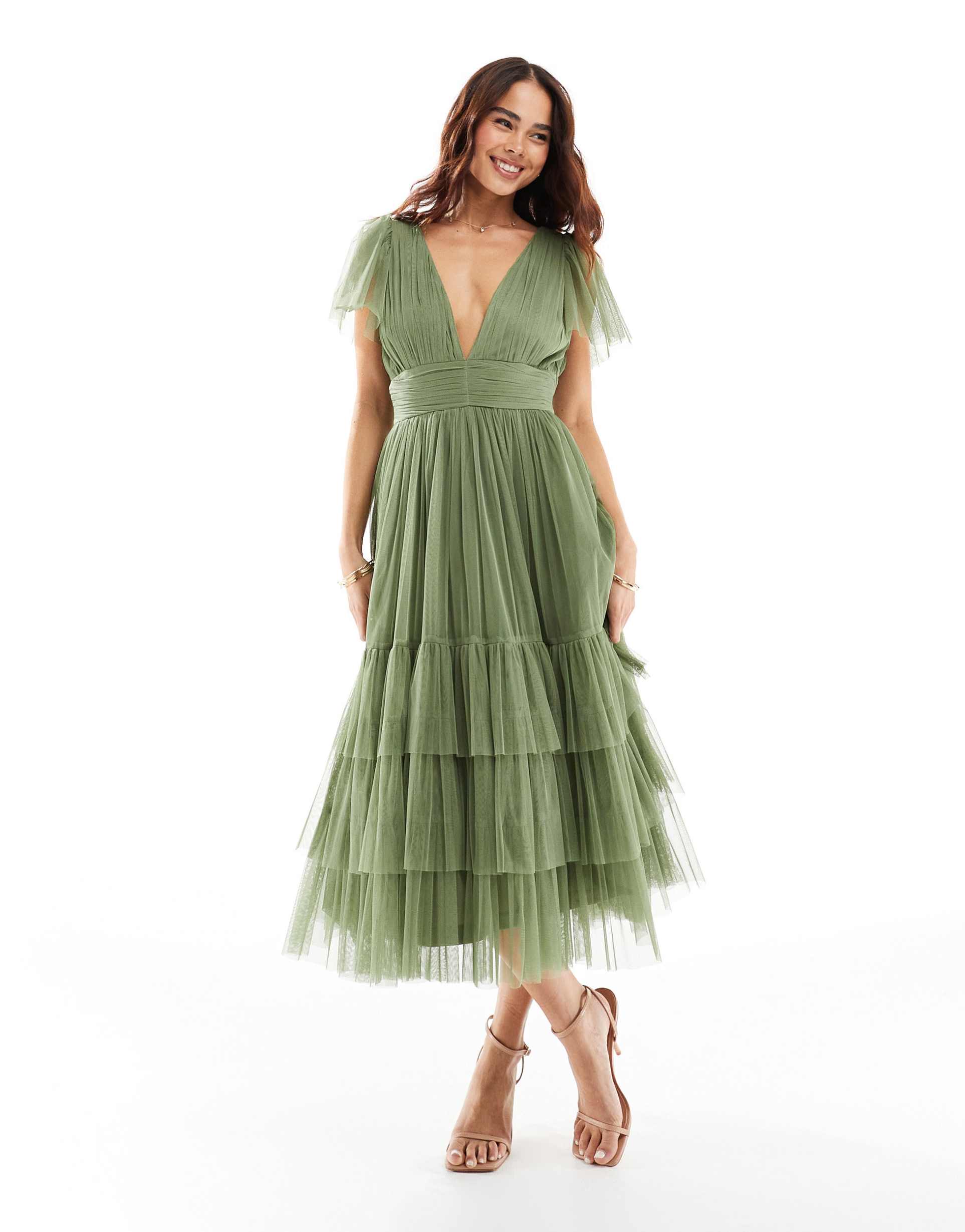 lace & beads bridesmaid madison v-neck tulle midi dress in soft olive