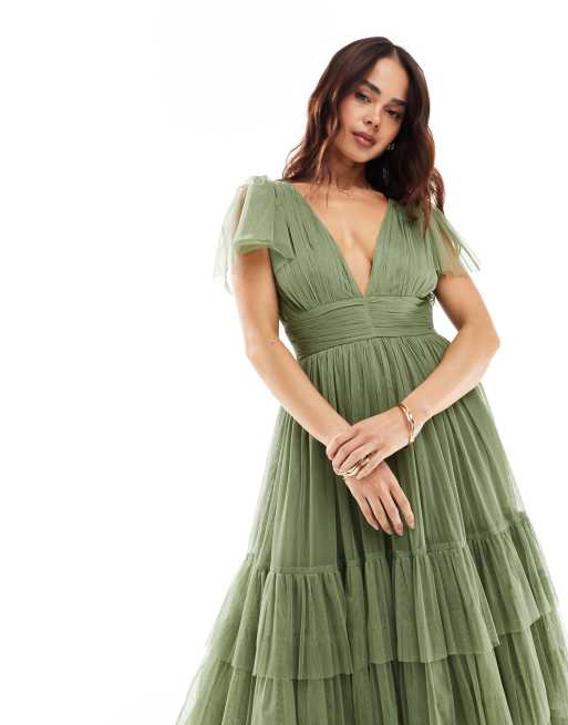 Lace Beads Bridesmaid Madison v neck tulle midi dress in soft olive ASOS