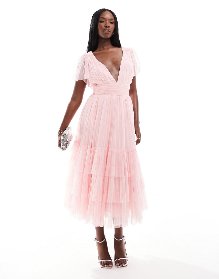 Lace & Beads Bridesmaid Madison v neck tulle midi dress in soft pink