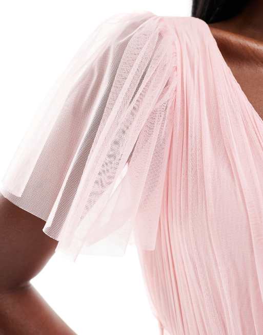 Lace & Beads Bridesmaid Madison v neck tulle midi dress in soft pink, 3 of 4