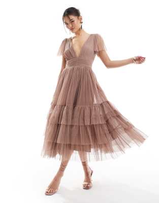 Bridesmaid Madison V-neck tulle midi dress in taupe-Neutral