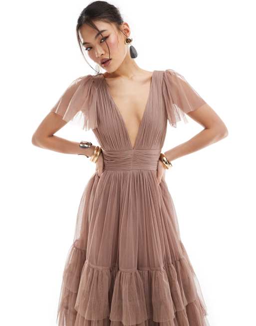 Taupe beaded bridesmaid dress sales