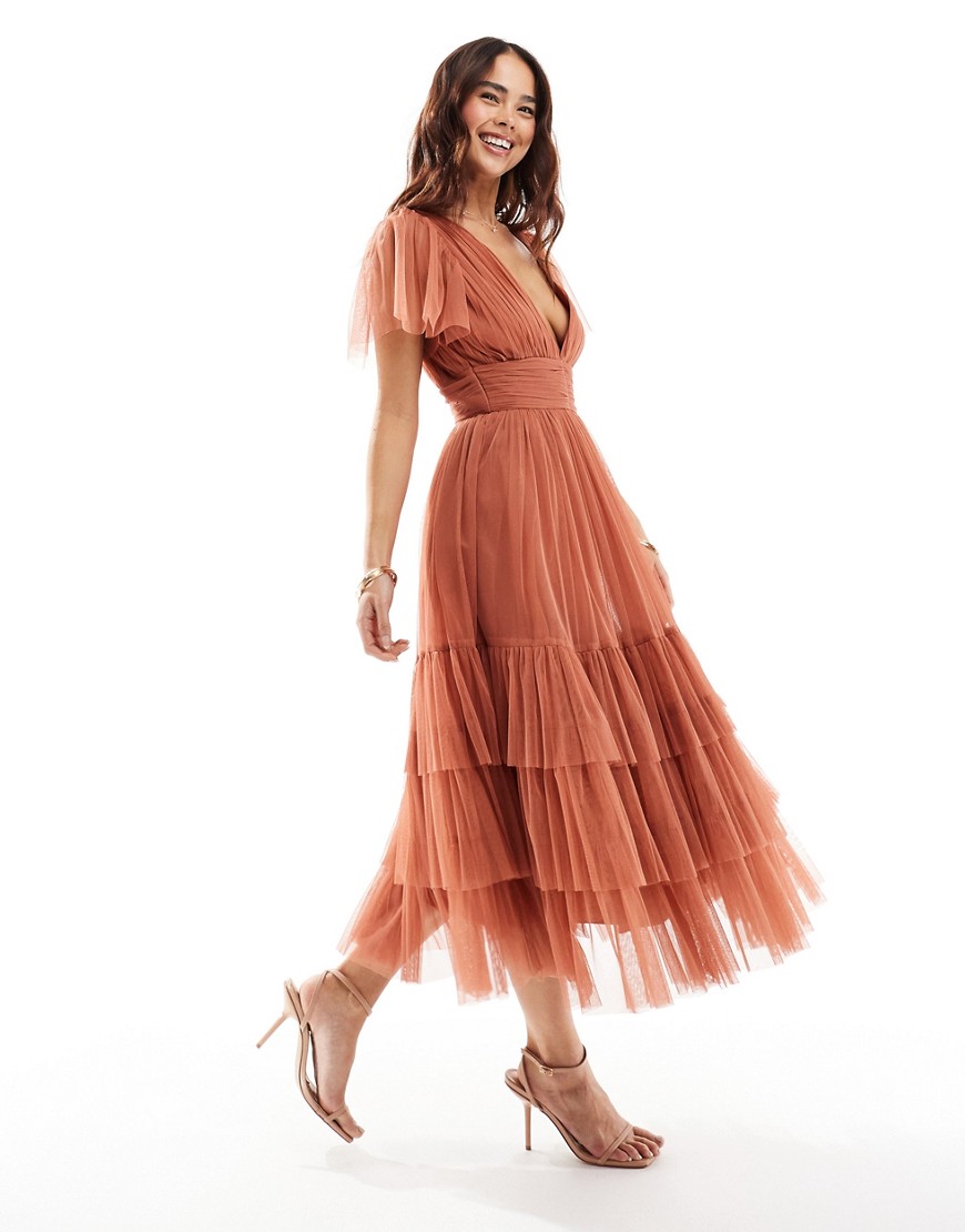 Lace & Beads Bridesmaid Madison v neck tulle midi dress in terracotta rose-Pink