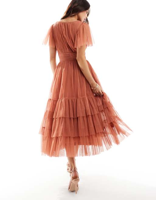 Lace & Beads Bridesmaid Madison V-neck tulle midi dress in terracotta rose