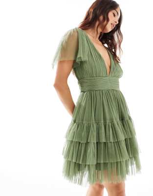 Lace & Beads Bridesmaid Madison v neck tulle mini dress in soft olive-Green