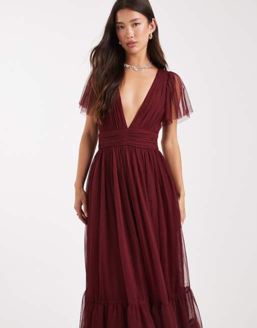 knee length dresses for ladies Lace V-Back Burgundy Pleated Bridesmaid Dress – FancyVestido main image 0