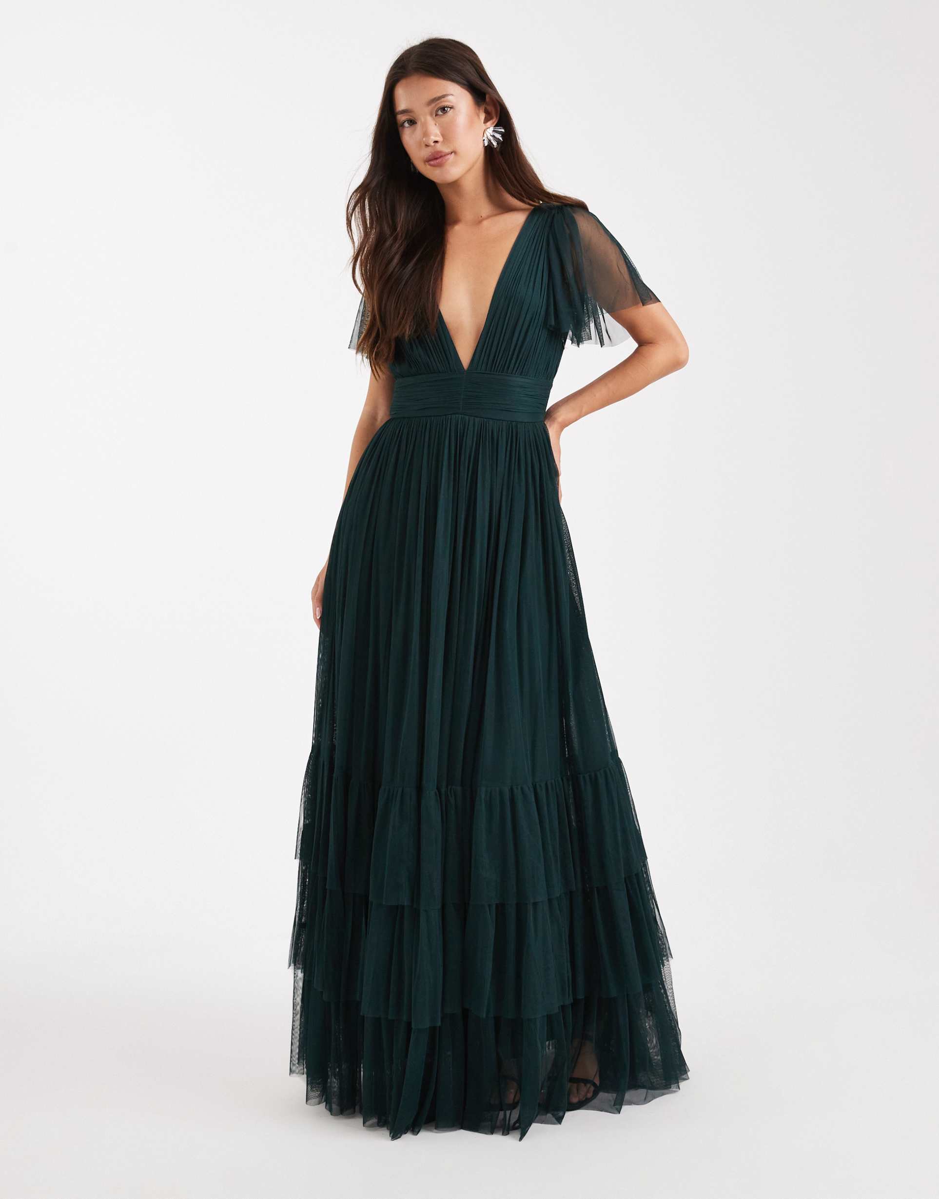lace & beads bridesmaid maxi dress in dark green