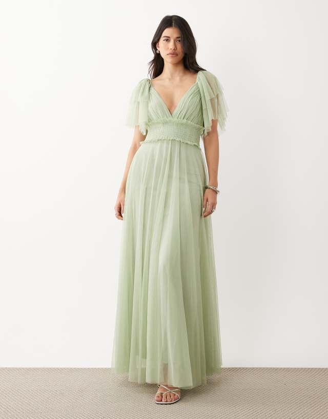 Lace & Beads Bridesmaid mesh flutter sleeve shirred waist maxi dress in sage green