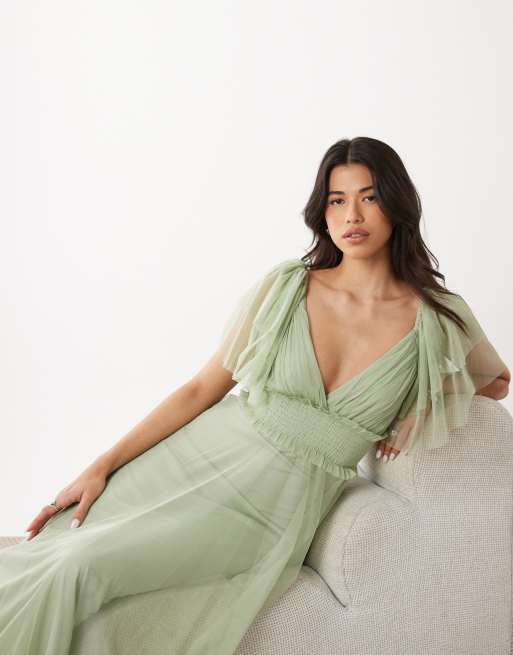 Lace & Beads Bridesmaid mesh flutter sleeve shirred waist maxi dress in sage green, 2 of 4
