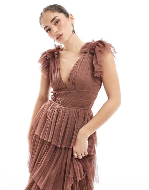 Lace & Beads Bridesmaid Naomi midi dress in warm brown