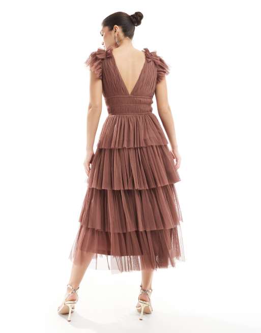 Lace & Beads Bridesmaid Naomi midi dress in warm brown, 3 of 4