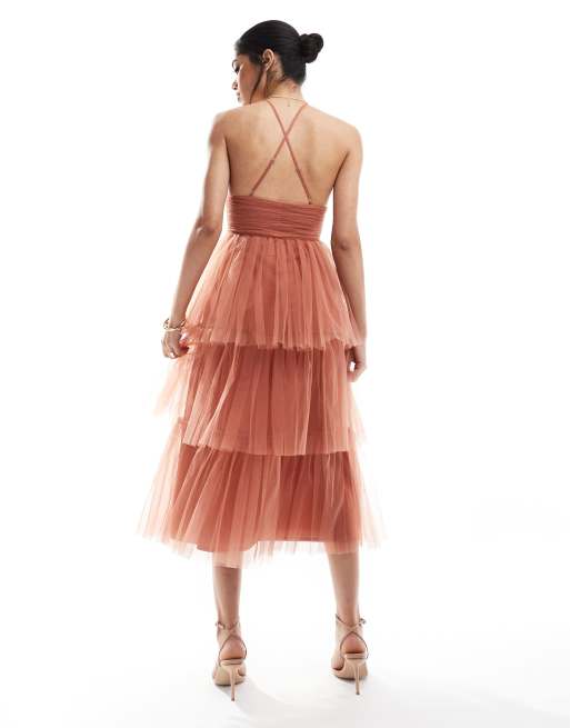 Lace & Beads Bridesmaid Odette midaxi dress in terracotta | ASOS