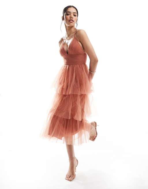 Lace & Beads Bridesmaid Odette midaxi dress in terracotta | ASOS
