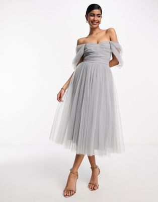 Lace & Beads Bridesmaid off shoulder midi dress in dusty blue