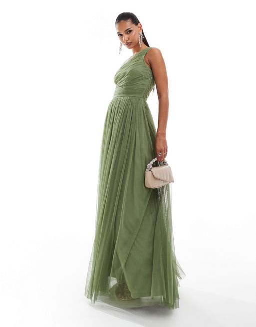 Lace & Beads Bridesmaid – Oliwkowa tiulowa sukienka maxi na jedno ramię