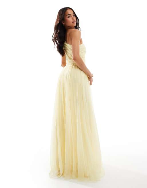 Lace & Beads Bridesmaid one shoulder maxi dress in butter yellow
