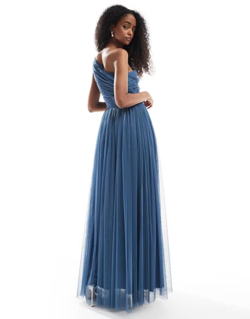Lace & Beads Bridesmaid one shoulder maxi dress in deep blue