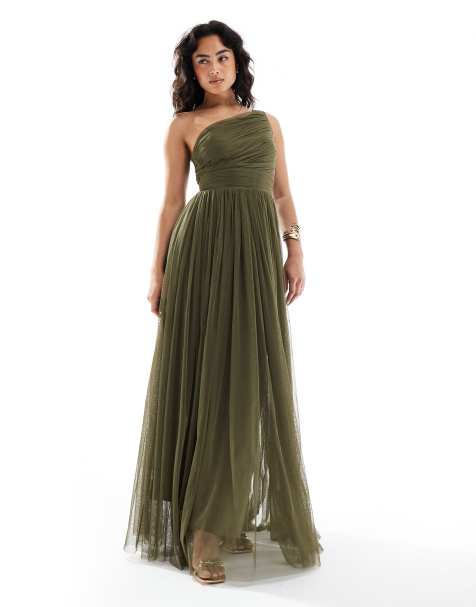 Lace & Beads Bridesmaid one shoulder maxi dress in deep olive - view 1
