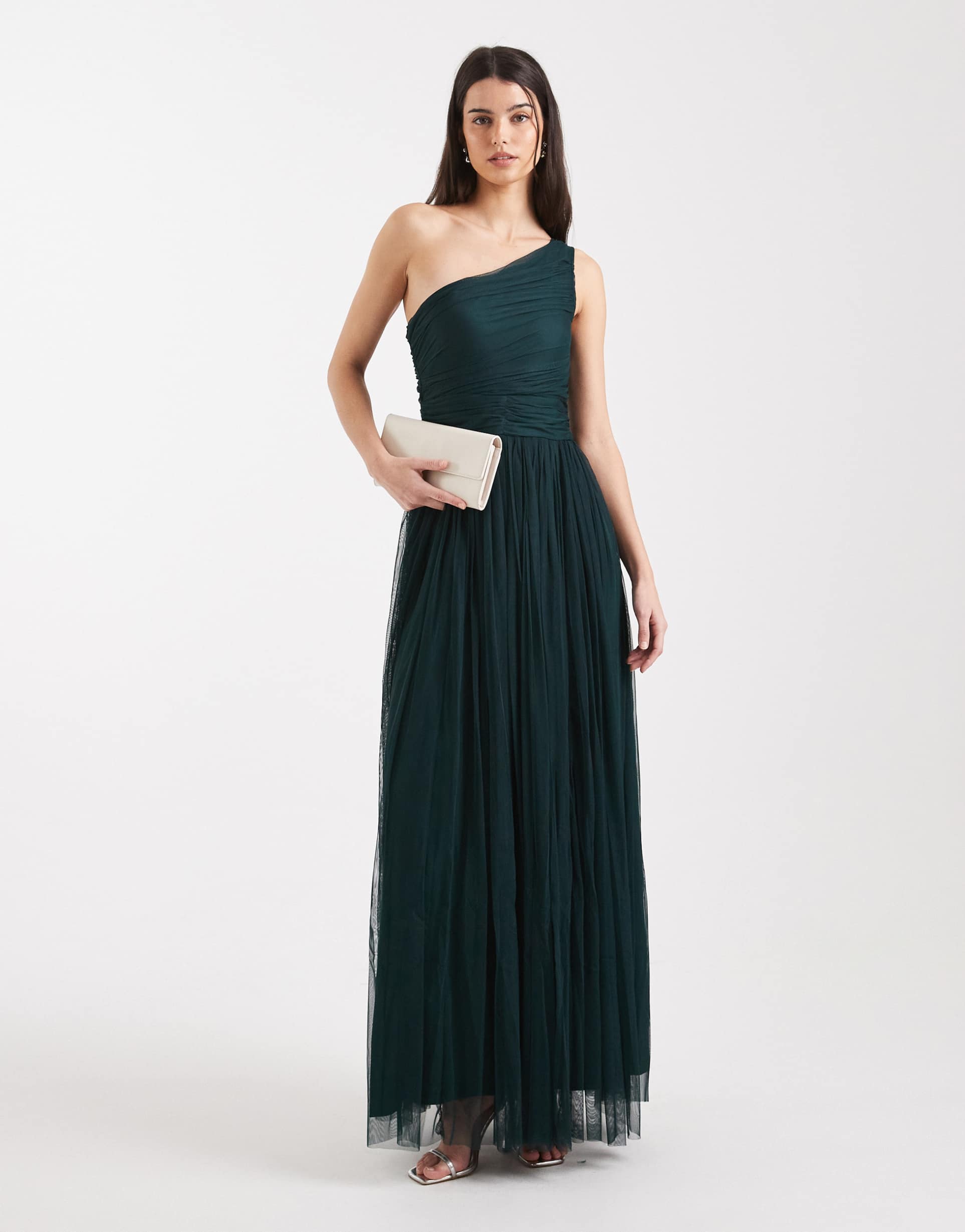 lace & beads bridesmaid one shoulder maxi dress in forest green