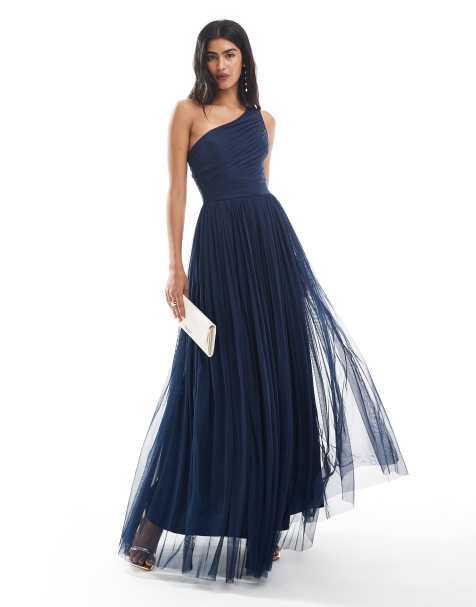 Lace & Beads Bridesmaid one shoulder maxi dress in navy - view 1