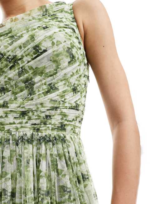 Lace & Beads Bridesmaid one shoulder maxi dress in olive floral