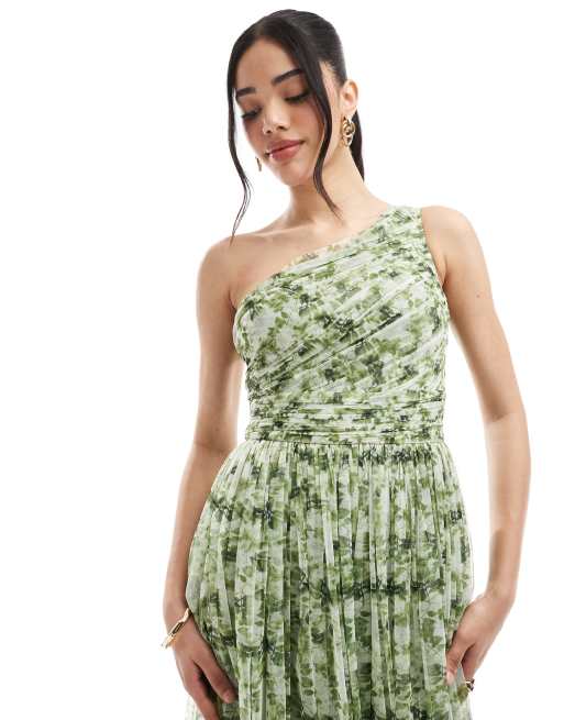Lace & Beads Bridesmaid one shoulder maxi dress in olive floral