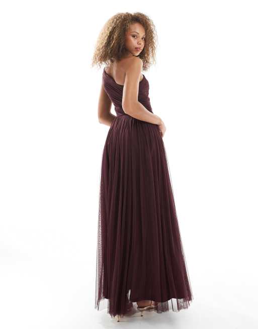 Lace & Beads Bridesmaid one shoulder maxi dress in plum