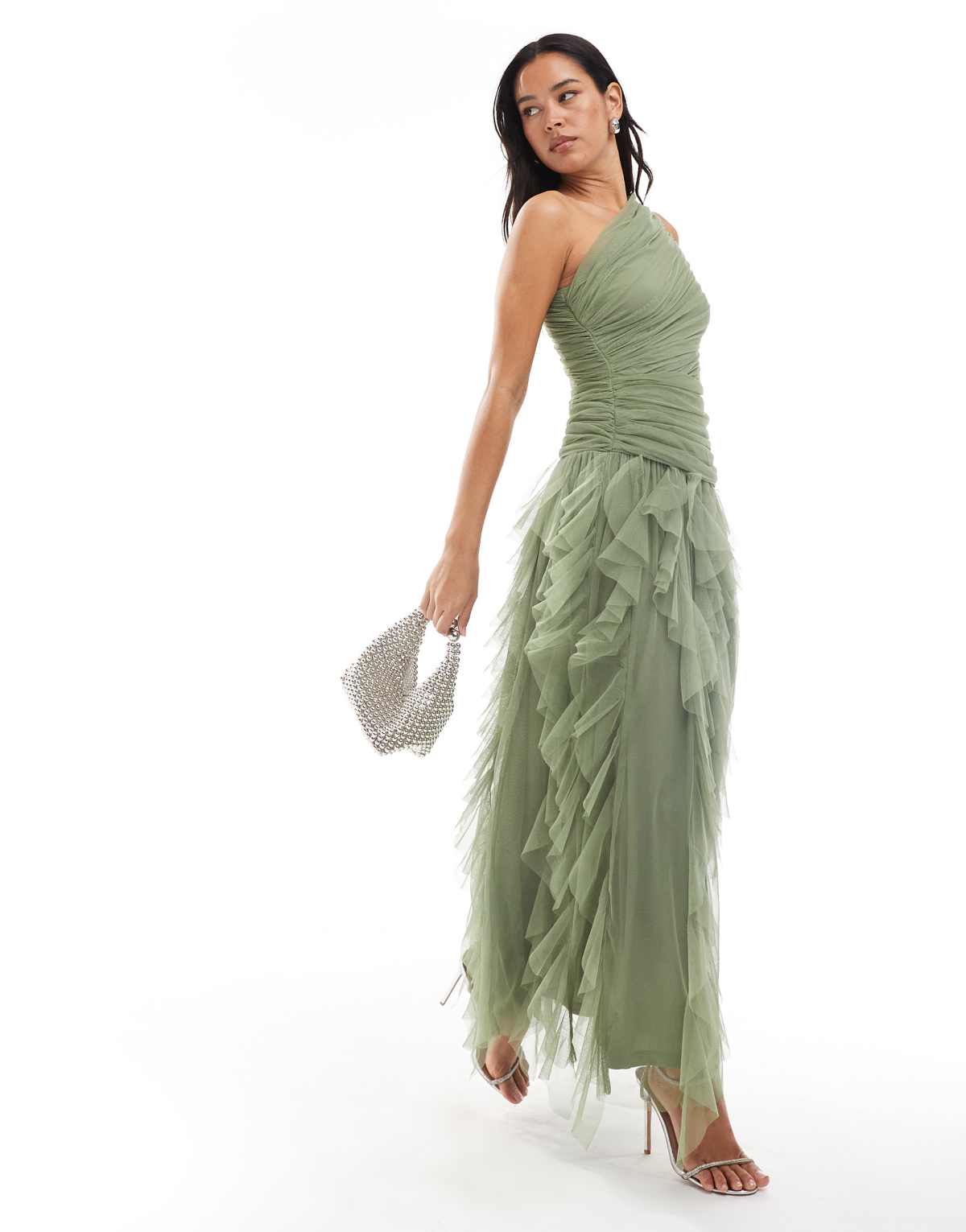 Lace & Beads Bridesmaid one shoulder maxi dress in red and forest green