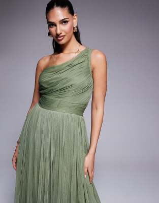 Lace & Beads Bridesmaid One Shoulder Maxi Dress In Green