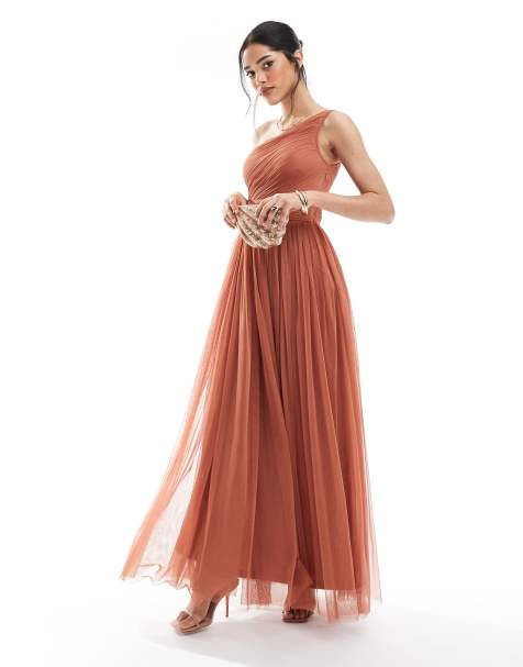 Lace & Beads Bridesmaid one shoulder maxi dress in terracotta - view 1