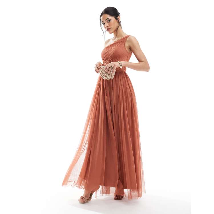 Lace & Beads Bridesmaid one shoulder maxi dress in terracotta