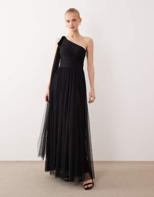 Lace & Beads Bridesmaid One Shoulder Scarf Neck Maxi Dress In Black