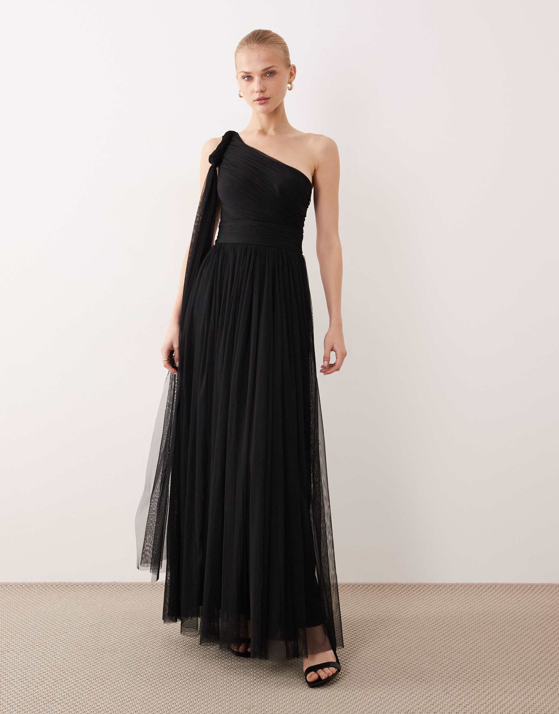 lace & beads bridesmaid one shoulder scarf neck maxi dress in black