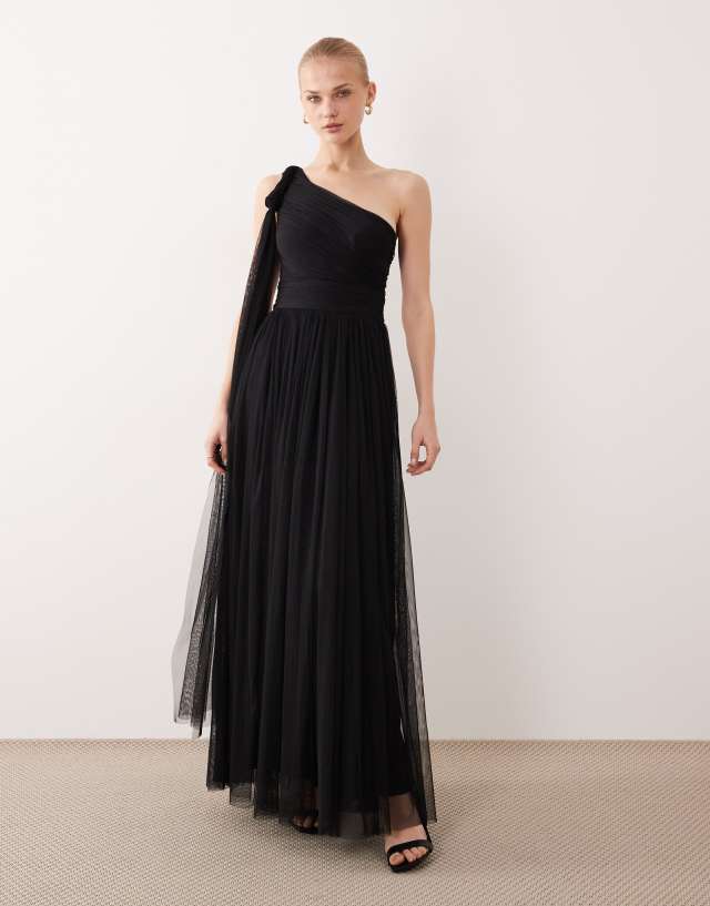 one shoulder long black bridesmaid dresses Lace & Beads - Maxi Dress - Women - Polyester - 4 US and soft matte fabric season:RS26 A.L.C. Black Juliet Pleated Size:XXS USA