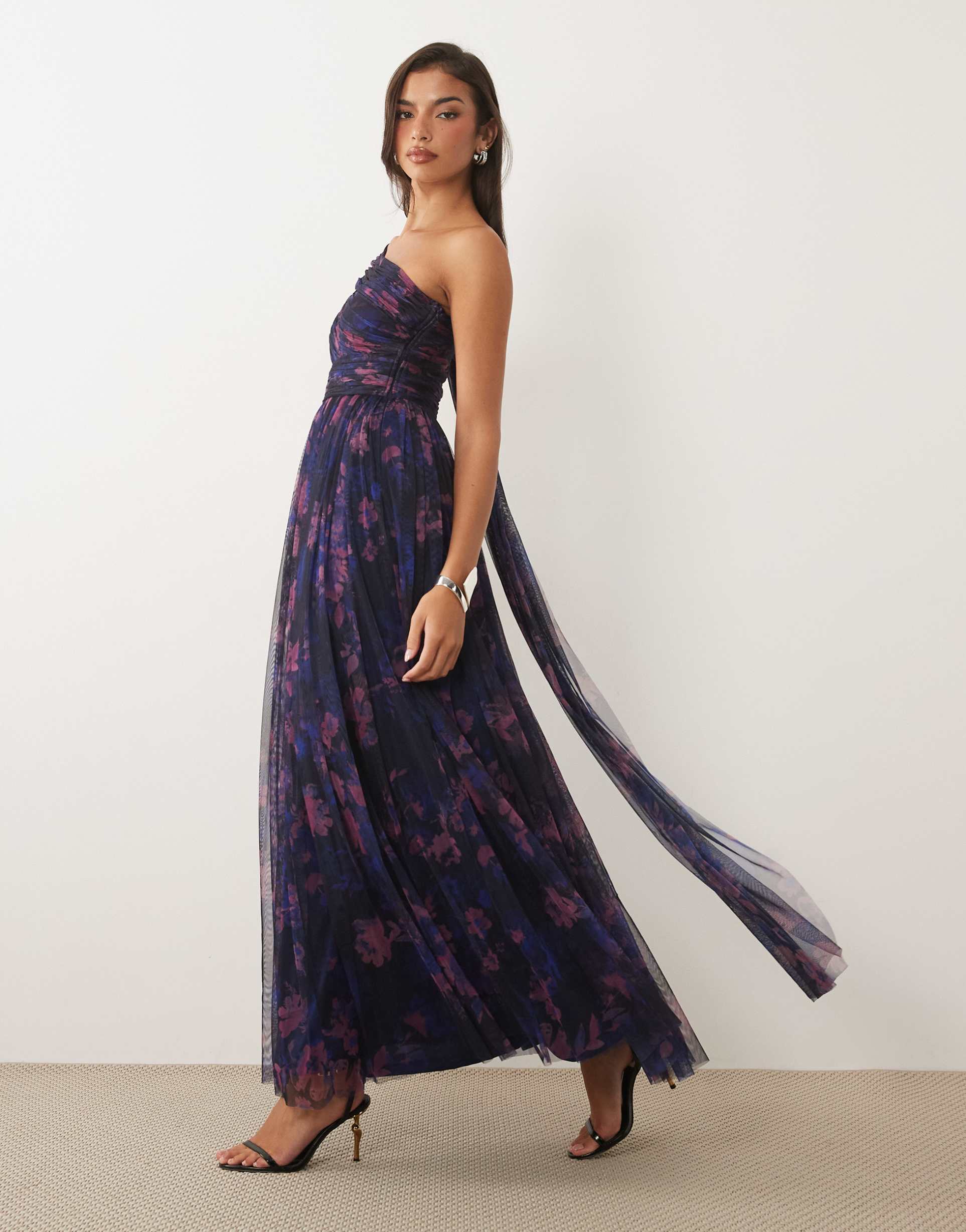 lace & beads bridesmaid one shoulder scarf neck maxi dress in dark blue floral