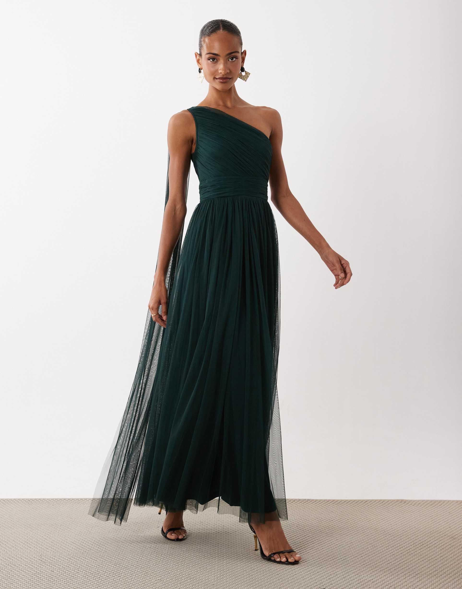 lace & beads bridesmaid one shoulder scarf neck maxi dress in dark green