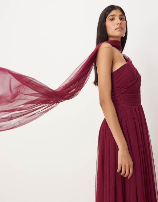 Lace & Beads Bridesmaid one shoulder scarf neck maxi dress in fig