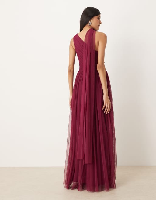 Lace & Beads Bridesmaid one shoulder scarf neck maxi dress in fig
