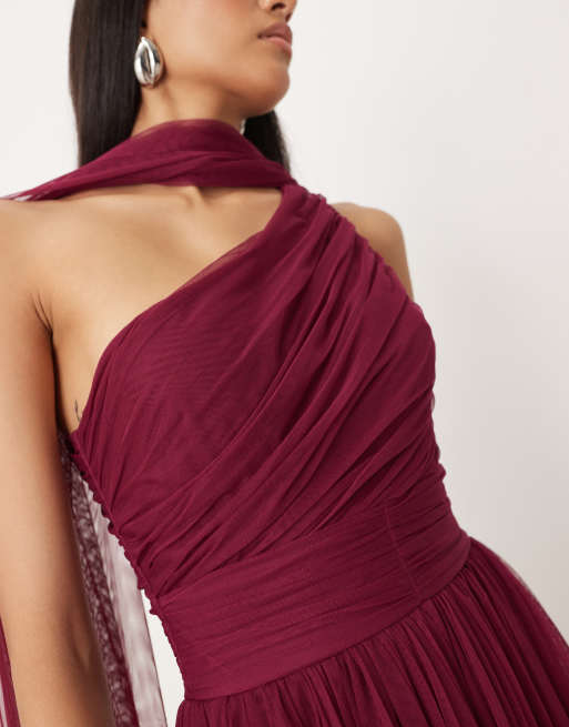 Lace & Beads Bridesmaid one shoulder scarf neck maxi dress in fig