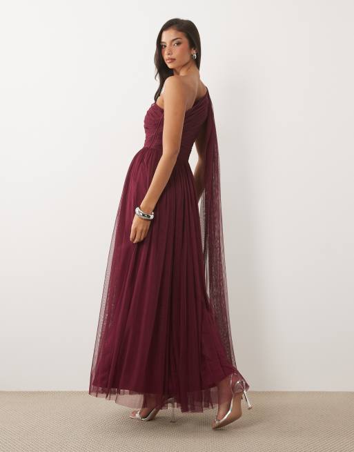 Lace & Beads Bridesmaid one shoulder scarf neck maxi dress in fig, 3 of 4