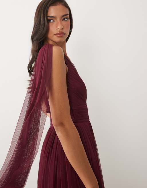 Lace & Beads Bridesmaid one shoulder scarf neck maxi dress in fig, 4 of 4