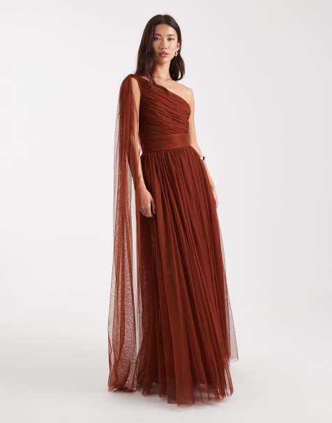 Lace & Beads Bridesmaid one shoulder scarf neck maxi dress in rust - view 1