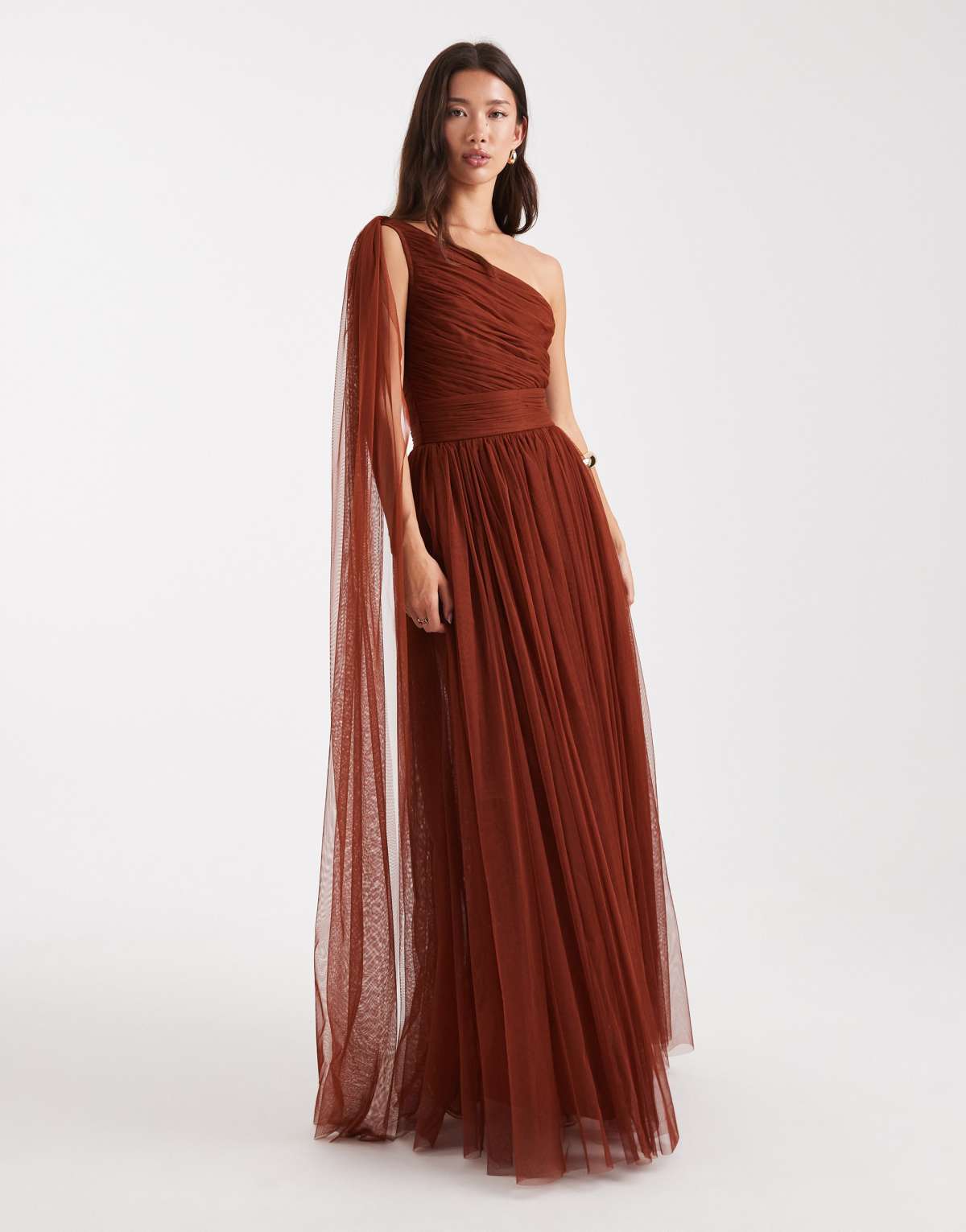 Lace & Beads Bridesmaid one shoulder scarf neck maxi dress in rust