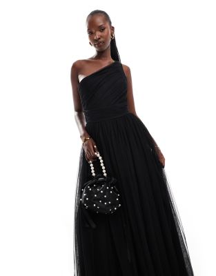 Lace & Beads Bridesmaid One Shoulder Tulle Maxi Dress In Black