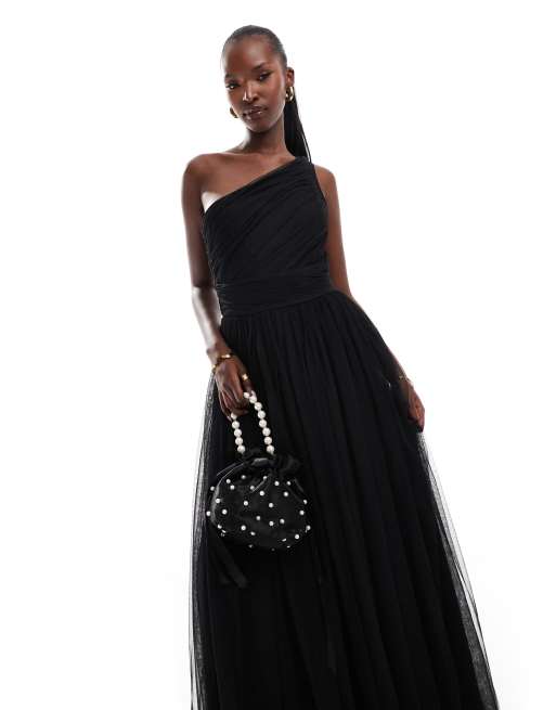 Lace & Beads Bridesmaid one shoulder tulle maxi dress in black