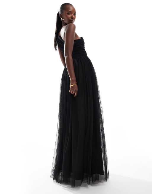 Lace Beads Bridesmaid one shoulder tulle maxi dress in black